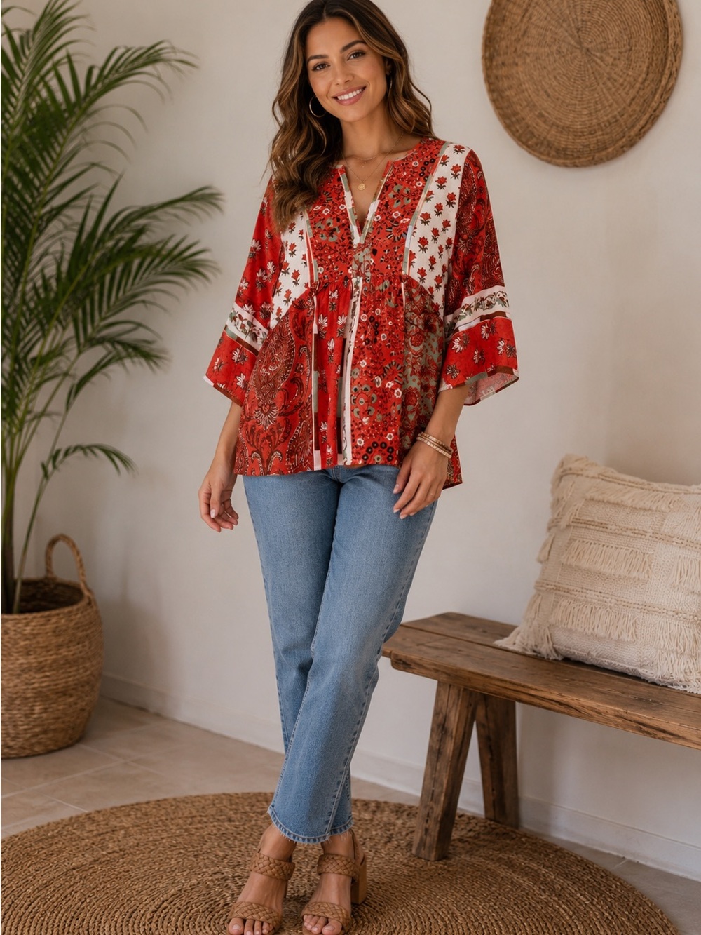 NWT Derhy Style Lenna Women's Size M Blouse Color Red Elbow, Size ￼